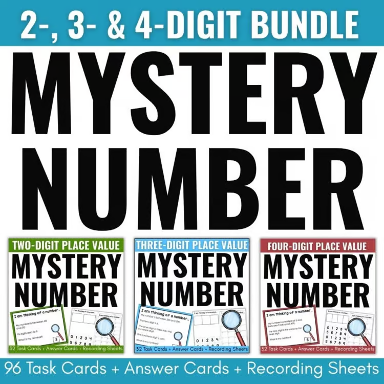 How to Teach Place Value in Elementary School 7 Image shows a banner for the 2-, 3-, & 4-Digit Bundle Mystery Number resource, with covers for two-, three-, and four-digit place value mystery number task cards—ideal for engaging place value activities.