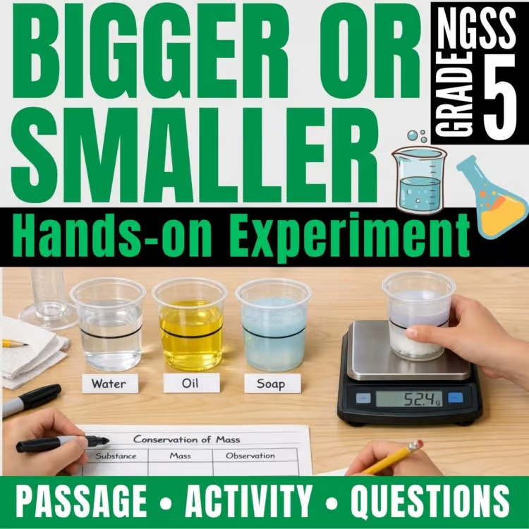 The image shows a science experiment setup with labeled cups of water, oil, and soap on a table&mdash;one cup is on a digital scale reading 524.1g. A worksheet and pen are nearby. Text: Conservation of Mass Experiment, Grade 5, NGSS.