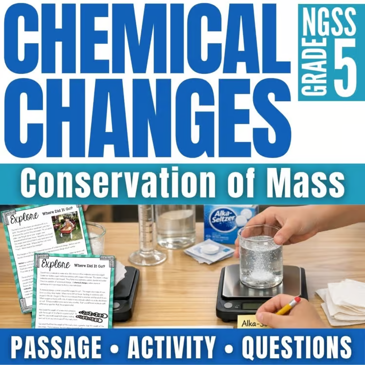 The image shows a grade 5 conservation of mass experiment: A student puts a glass of water with an Alka-Seltzer tablet on a digital scale, featuring highlighted passages, activities, and questions about chemical changes and matter.