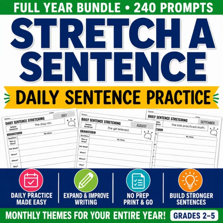 Promotional image for the "image" bundle for grades 2-5, showcasing worksheets and icons that emphasize sentence building, daily practice, print-and-go convenience, improved writing, and stronger sentence skills.