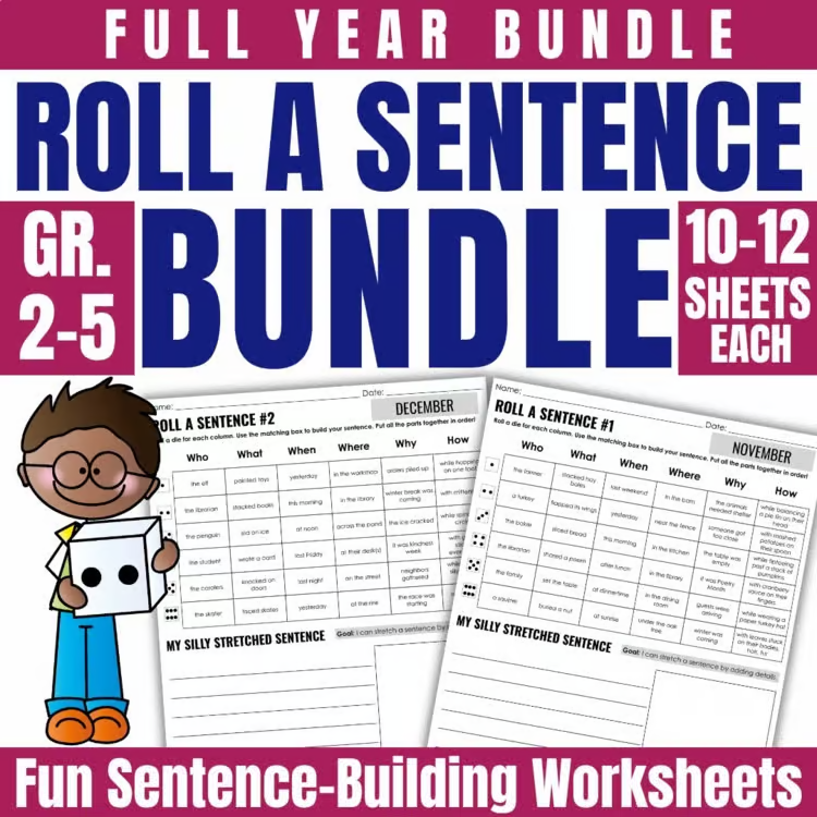 Worksheet cover titled “image” for grades 2-5, featuring a cartoon boy with dice, worksheet samples, and text promoting fun sentence building activities and sentence expansion.