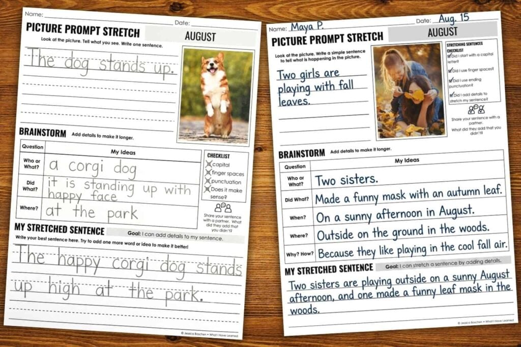The picture prompt stretch sample includes two worksheets with expanding sentence activities: one features a corgi in a park, and the other shows two girls playing with leaves in a sunny, wooded area.