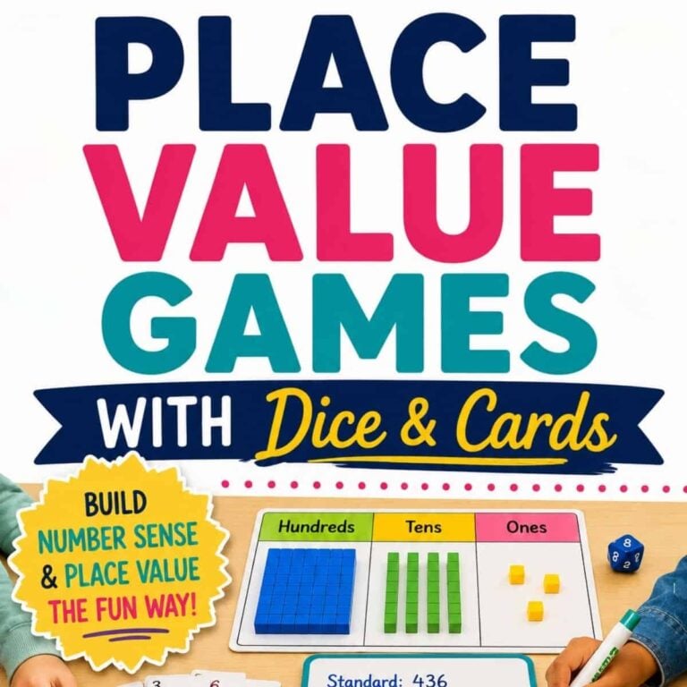 Place Value Games Cover: Below, hands are playing engaging place value games using dice, counters, and a board labeled Hundreds, Tens, Ones. A yellow sign reads, &ldquo;Build number sense & place value the fun way!&rdquo;.