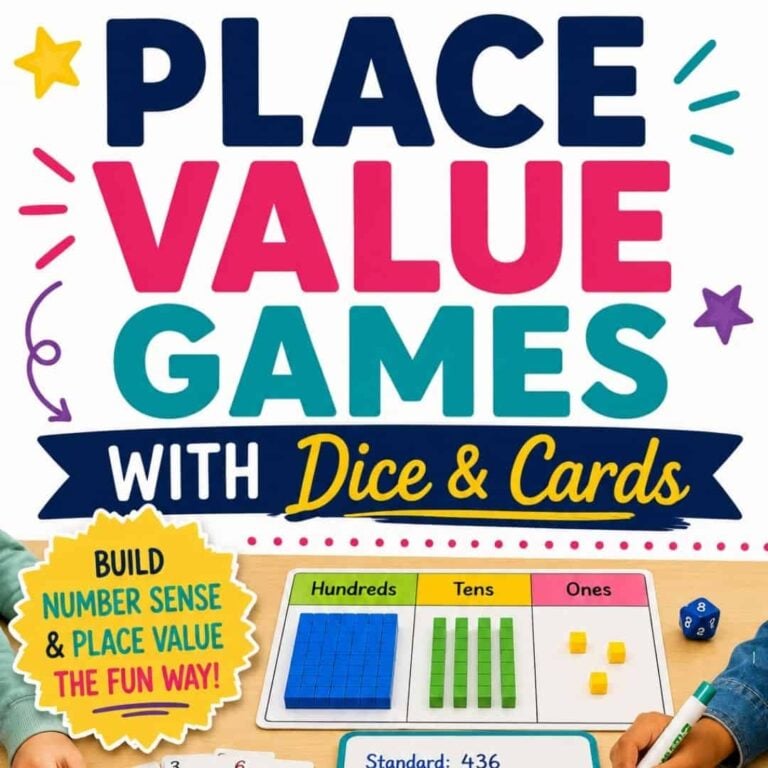 The "place value games with dice and cards" poster displays a chart labeled Hundreds, Tens, Ones with counting blocks, cards, dice, and playful hands. Make learning number sense and place value engaging with this colorful educational tool!.