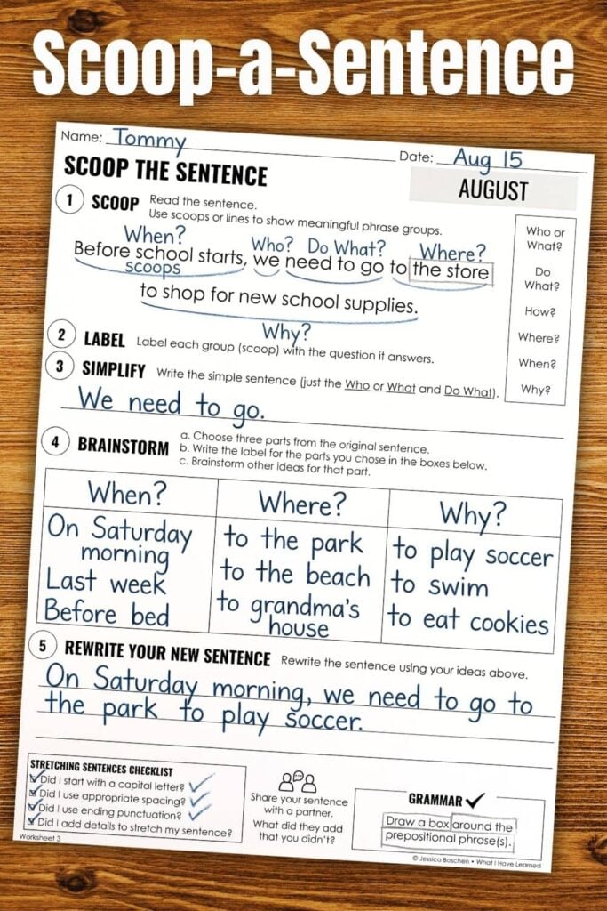 The scoop a sentence sample guides students in expanding sentences about shopping for school supplies, featuring labeled sections and steps on a wooden background—ideal for teaching sentence expansion skills.