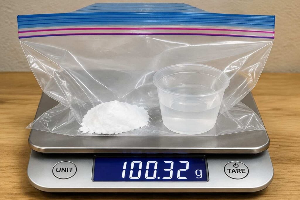 A sealed bag reaction kit is shown on a digital scale reading 100.32 grams, featuring a ziplock bag with white powder and a cup of clear liquid, ready for a conservation of mass experiment on a wooden surface.