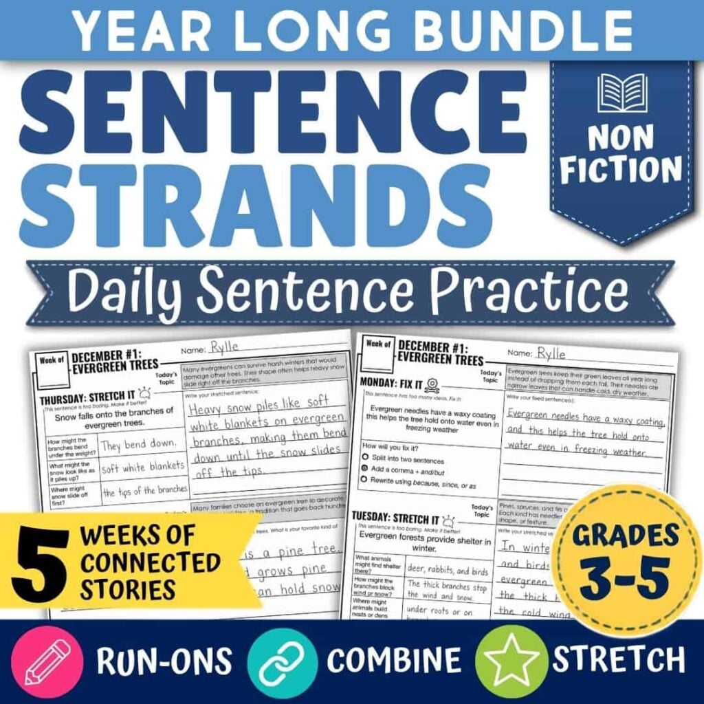 Stretch a Sentence Worksheets: Which One Is Right for You 8 Cover image for the “COVER THUMB 17252485 BUNDLE Story Sentence Strand NONFICTION (1),” a year-long non-fiction sentence practice resource for grades 3-5. Includes practice sheets, icons for run-ons, combine, and stretch activities, plus a label highlighting 5 weeks of connected stories. Ideal for expanding sentence activities and teaching students how to build and expand sentences through engaging non-fiction tasks.