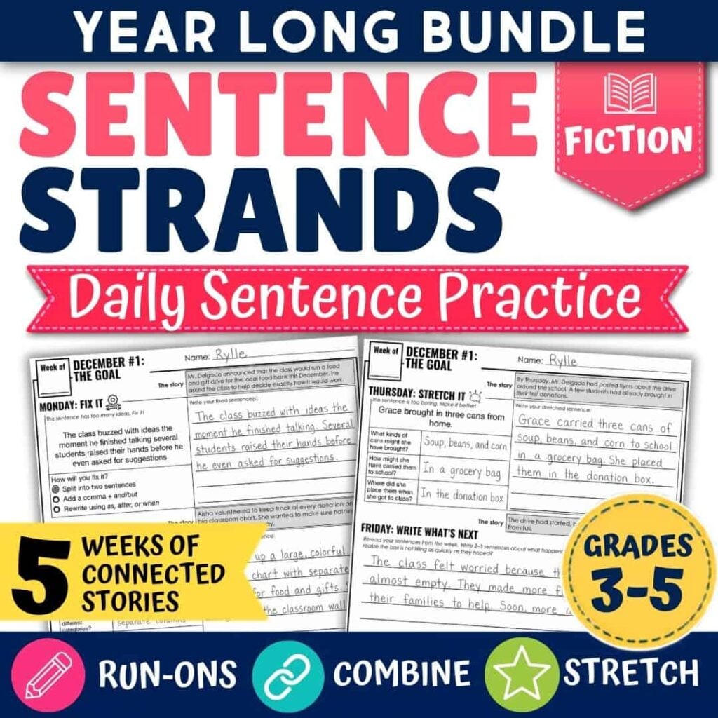 Stretch a Sentence Worksheets: Which One Is Right for You 7 Introducing the COVER THUMB 17252587 Sentence Strands FICTION (1): Year-Long Bundle for grades 3–5! This resource features five weeks of connected story-based daily sentence practice, focusing on run-ons, combining, and stretching sentences through engaging fiction passages. Sample worksheet pages are included.