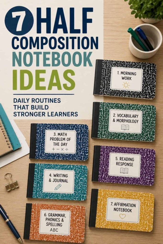 Half Composition Notebook Ideas: 7 Daily Routines 1 Seven Half Composition Books PIN (3), ideal for organizing your favorite half composition notebook ideas, feature labels for a variety of educational uses such as morning work, vocabulary, math, writing, reading, grammar, and affirmations. Arranged neatly on a desk with pens, paper clips, and a potted plant, they offer inspiration to anyone looking for practical composition notebook ideas in the classroom or at home.