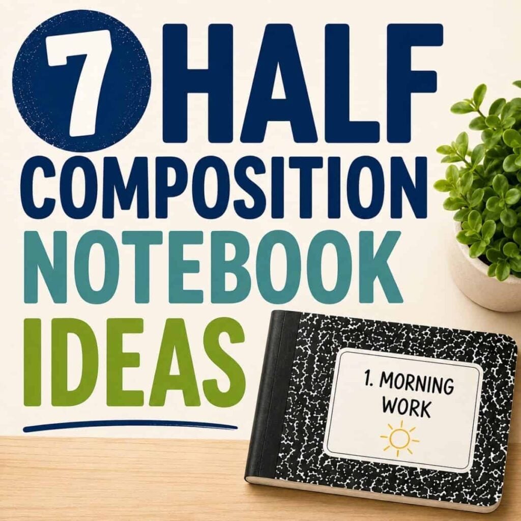 Half Composition Notebook Ideas: 7 Daily Routines 7 A black-and-white Half Composition Books SQUARE_1, labeled "1. Morning Work," sits next to a green plant. Text above reads: 7 Half Composition Notebook Ideas—perfect for anyone searching for new composition notebook ideas.