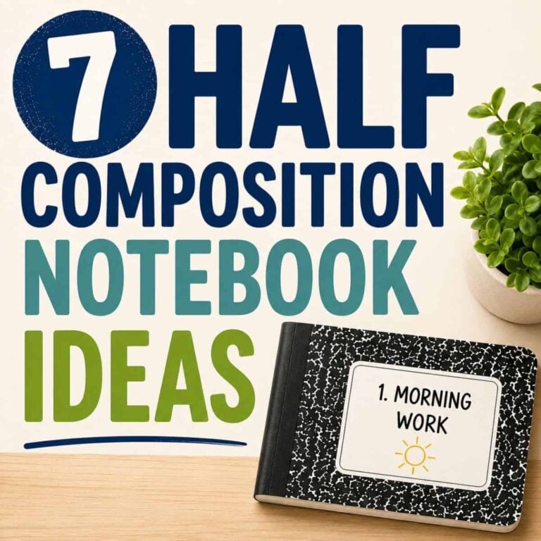 A black-and-white Half Composition Books SQUARE_1, labeled "1. Morning Work," sits next to a green plant. Text above reads: 7 Half Composition Notebook Ideas—perfect for anyone searching for new composition notebook ideas.