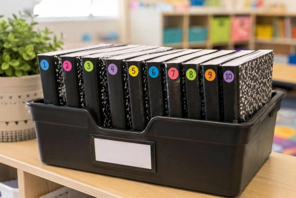 Half Composition Notebook Ideas: 7 Daily Routines 7 A "Half Notebook Storage" bin holds ten black-and-white half composition notebooks, each with a differently colored number from 1 to 10 on the spine. Positioned on a classroom table near a potted plant, this display offers students an organized way to access half composition notebook ideas.