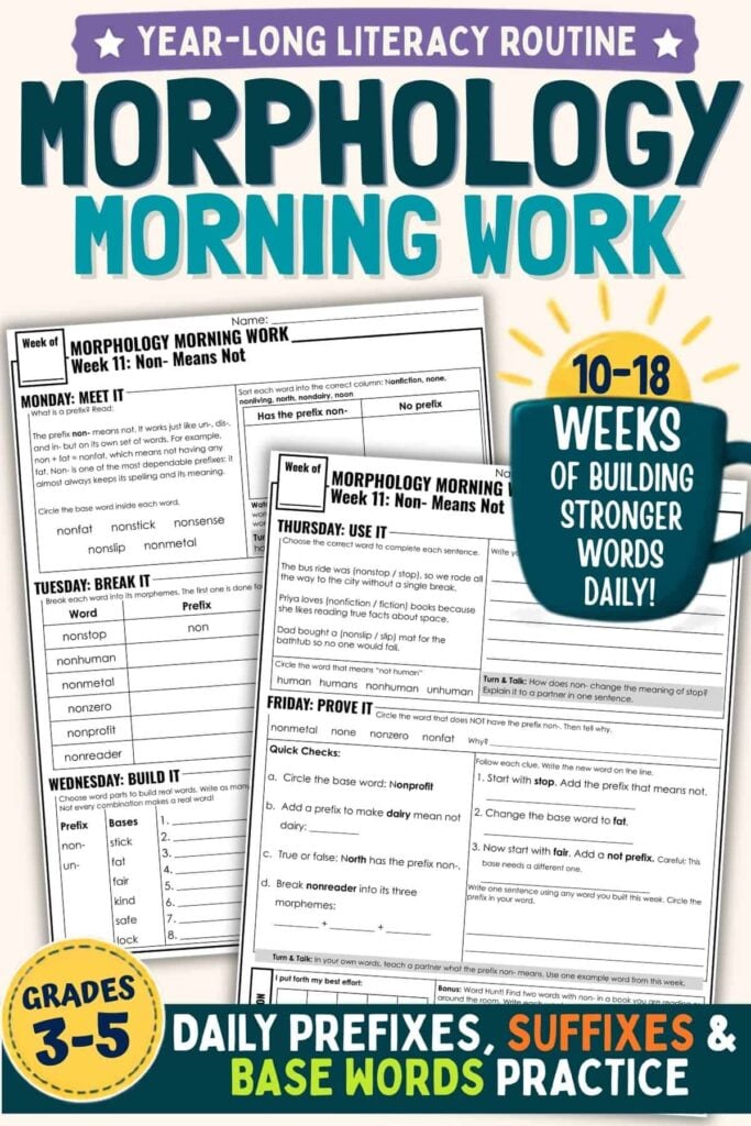 Morphology Morning Work: Daily Word-Part Practice 1 Morphology Morning Work_1 provides two engaging worksheets featuring activities focused on the prefix non-. Perfect for grades 3-5, these pages help students master important word parts by exploring prefixes, suffixes, and base words—an ideal resource for daily morphology practice!.