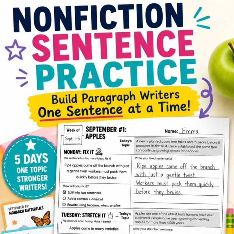 Nonfiction Daily Sentence Writing is a worksheet featuring the title "Nonfiction Sentence Practice" and an apple illustration. It provides a week of nonfiction sentence writing prompts about apples, including activities such as fixing sentences and stretching thoughts. The resource also includes a butterfly-themed activity.