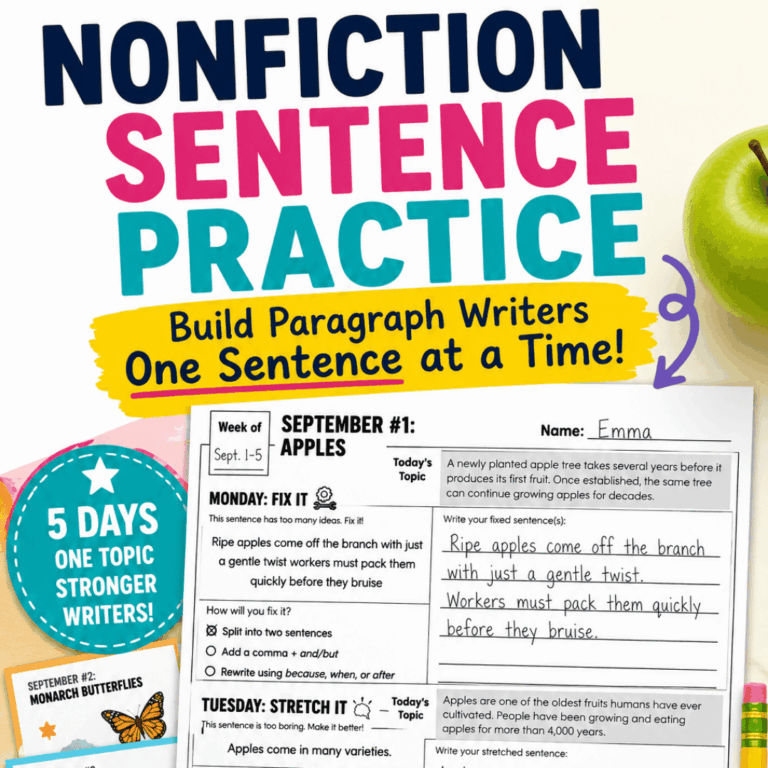Nonfiction Daily Sentence Writing is an apple-themed worksheet designed for nonfiction sentence practice. It features a writing prompt, a response box for students to write their nonfiction sentences, a sample student answer, and colorful text that promotes writing skills for kids. An illustration of an apple and pencils appears in the corner.