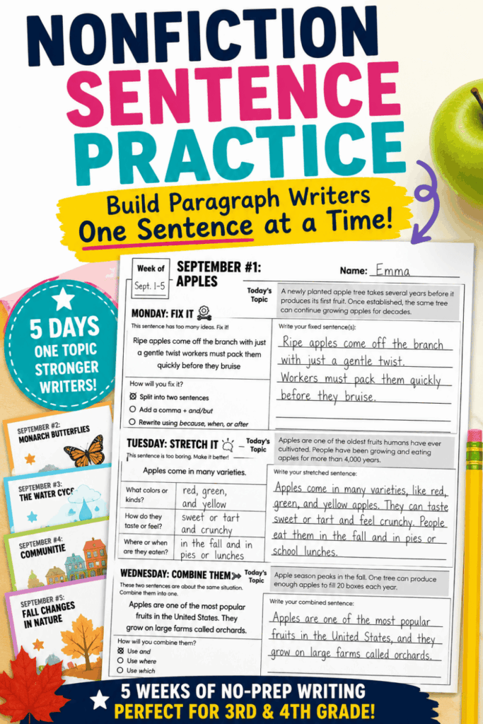 Nonfiction Daily Sentence Practice to Support Paragraph Writing 1 Colorful educational poster for nonfiction sentence practice, featuring the “Nonfiction Daily Sentence Writing for Paragraphs” resource about apples—a five-day writing plan with worksheet and highlights like Perfect for 3rd & 4th grade! and 5 weeks of no-prep writing. An engaging way to build strong nonfiction writing skills in students.