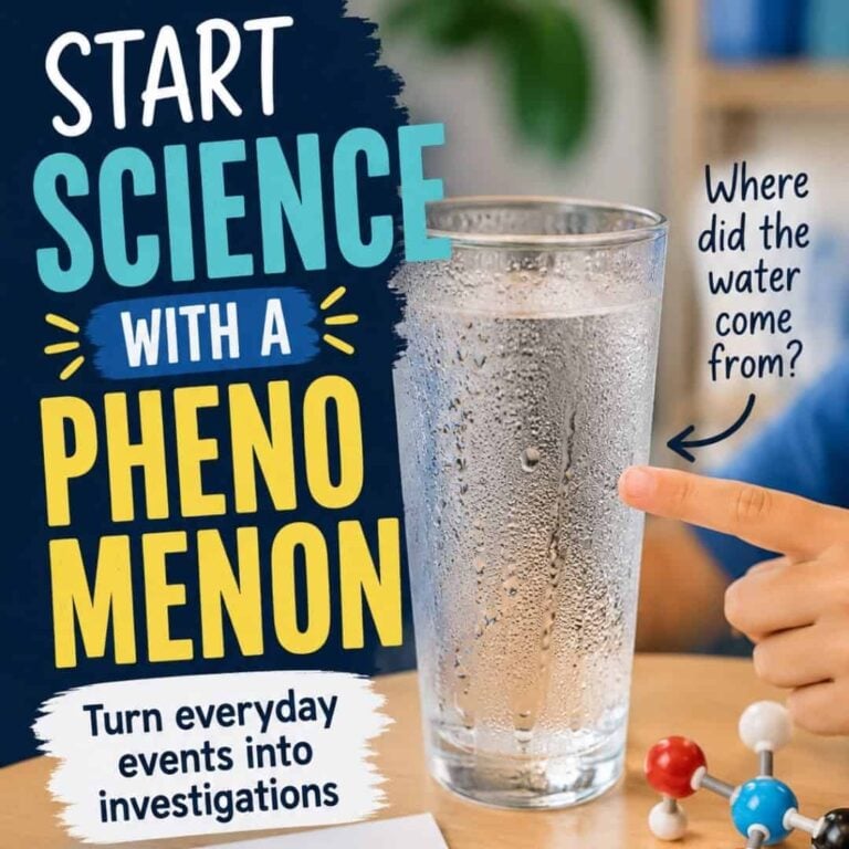 A glass of water with condensation sits on a table. Text reads: Start science with a phenomenon using Science Phenomena Stations (2). Turn everyday events into engaging investigations or interactive science stations. A finger points to the glass, asking, Where did the water come from?.