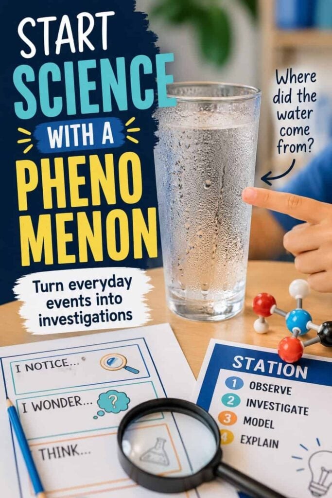 Science Phenomena Stations: Teaching NGSS Phenomena 1 A child points to condensation on a glass of water while Science Phenomena Stations activity sheets, a magnifying glass, and molecular models rest on the table, inviting young scientists to investigate and explore the wonders around them.