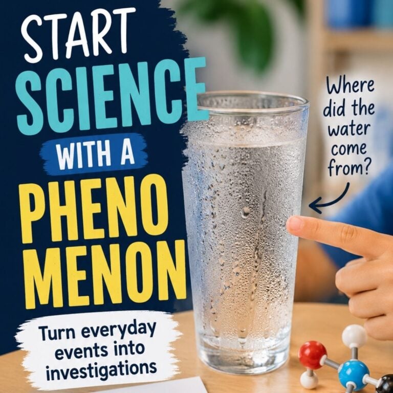 A finger points to a cold, condensation-covered glass of water. Text reads: Start science with a phenomenon. Turn everyday events into investigations at your Science Phenomena Stations SQ. Where did the water come from?.