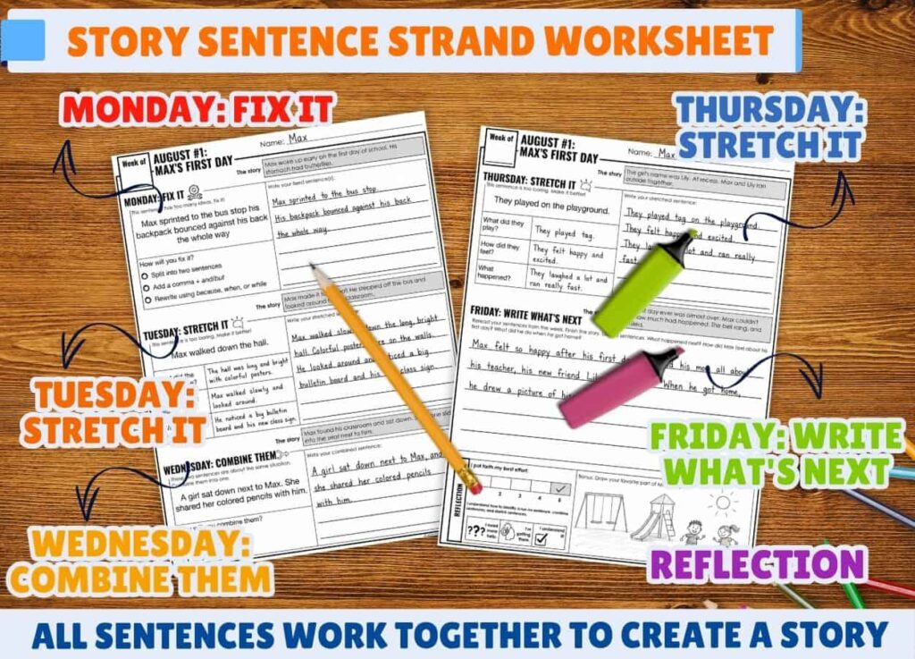 The Sentence Strands Included August resource features two worksheets with pencils on a wood background, designed to help 3rd and 5th graders master sentence practice. Days of the week guide students through writing, stretching, combining sentences, fixing errors, and reflecting. Bold, colorful text with arrows explains each step.