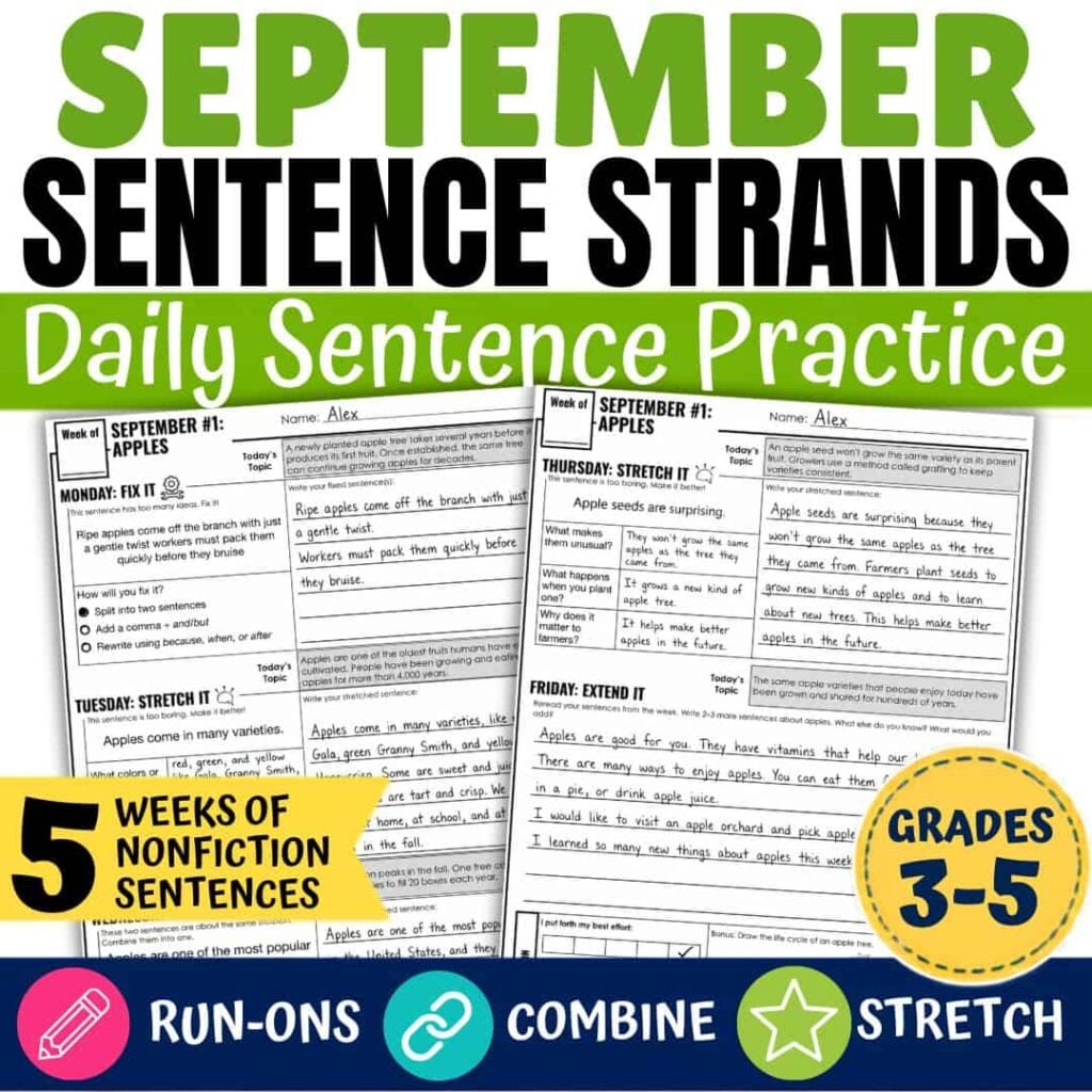 Cover for September Sentence Strands, a sentence practice resource for grades 3-5, featuring worksheets with colorful headings and labels that advertise five weeks of nonfiction sentence practice focused on run-ons, combining sentences, and stretching sentences to build strong paragraph writing skills.