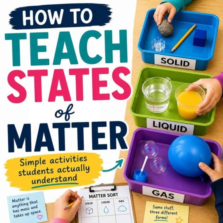 Three trays labeled solid, liquid, and gas from the States of Matter product display different objects: a rock for solid, cups of water and juice for liquid, and a balloon for gas. Children use their hands to engage with each item as they investigate the various states of matter. The image includes text reading How to Teach States of Matter along with related information.
