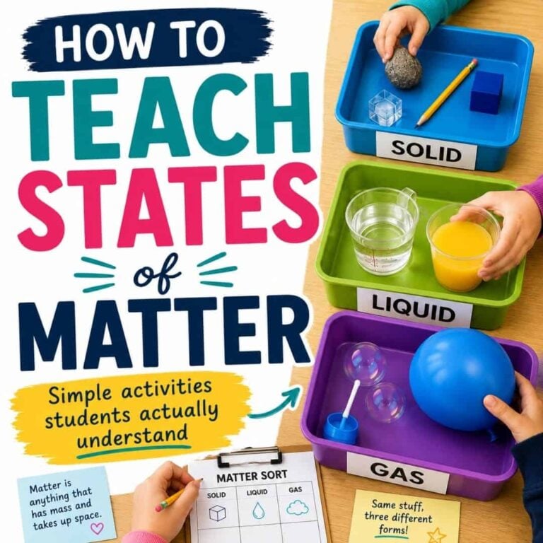 Three bins labeled solid, liquid, and gas from the States of Matter set each contain related objects. Hands hold items in every bin, inviting students to explore the different states of matter. Text reads: How to teach states of matter: Simple activities students actually understand.