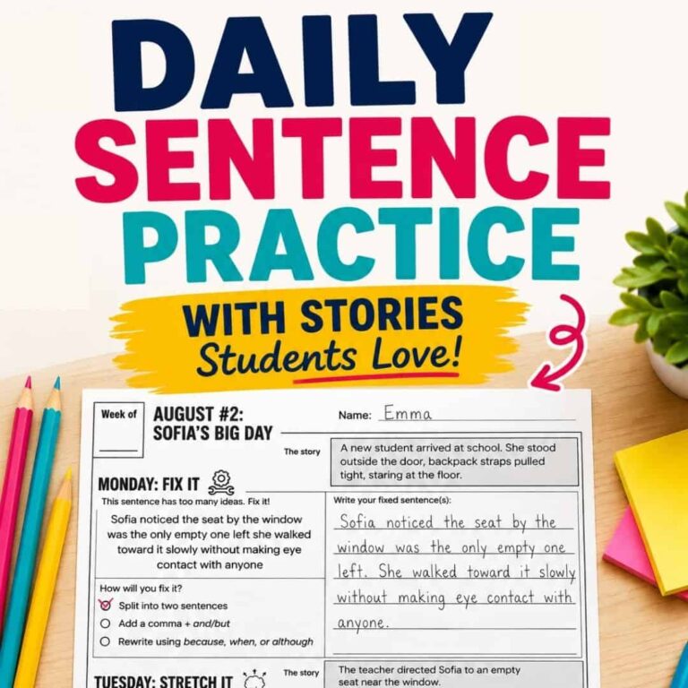 Student is engaging with “correct daily sentences,” practicing sentence correction and writing a short response about Sofia’s Big Day, as shown on a bright and colorful worksheet.