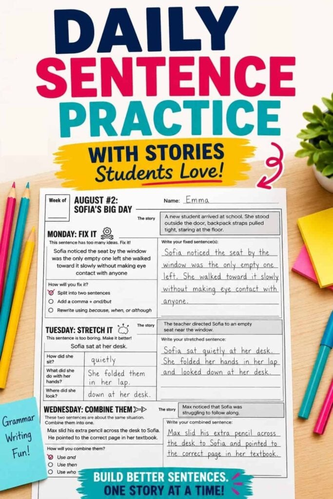 Daily Sentence Practice with Connected Stories for 3rd & 4th Grades 1 The daily sentence practice worksheet, titled “Daily Sentence Practice with Stories Students Love!”, features engaging daily activities for each weekday, focusing on editing and rewriting sentences. The page includes colorful accents, pencils, and a green “Grammar Writing Fun!” label.