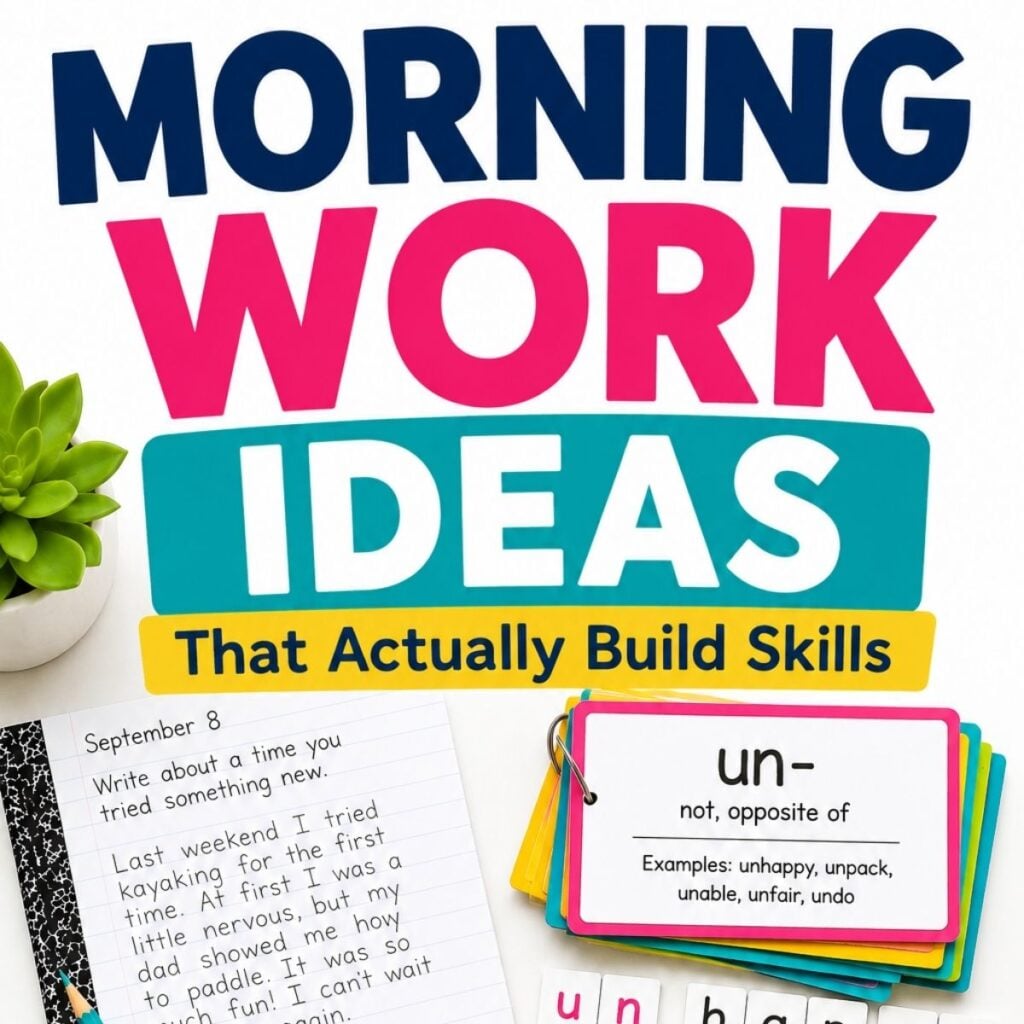 Morning Work Ideas That Build Real Skills (Not Busywork) 13 Colorful “Morning Work Ideas for Elementary” sign with a plant, a handwriting notebook, and word cards. The focus card defines un- as a prefix meaning not or opposite of—perfect for inspiring engaging morning work activities that reinforce essential language skills.