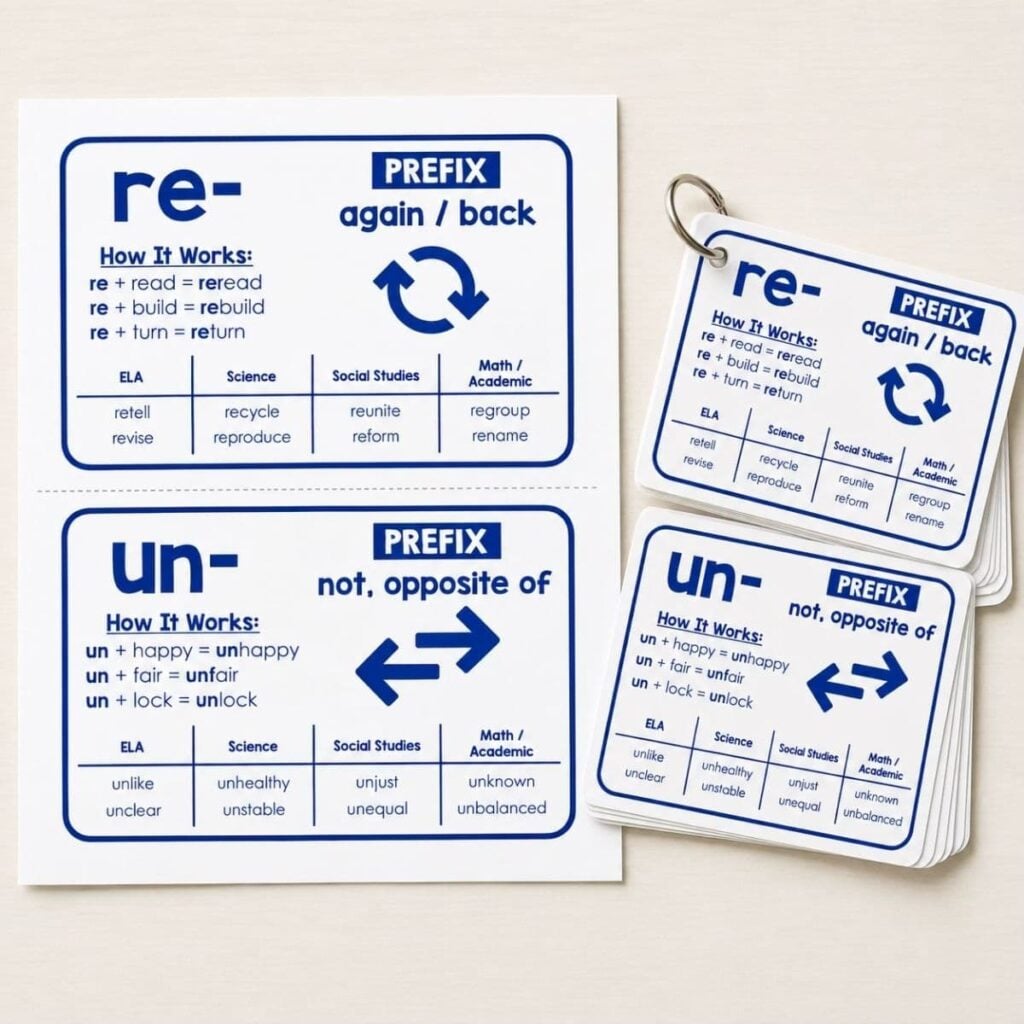 Morphology Cards (1) features two flashcards that explain the prefixes re- (again/back) and un- (not/opposite of), detailing how they function, offering example words, and connecting to subjects such as ELA, Social Studies, and Math—making them a perfect addition to your morphology word wall.