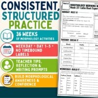 Infographic promoting Morphology Morning Work: 36 weeks of structured morphology activities, featuring a sample worksheet, organizational icons, and highlights such as weekday plans, teacher tips, and engaging practice to build morphological skills with prefixes and suffixes.