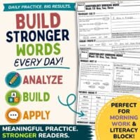 Colorful ad for Morphology Morning Work 3 featuring worksheets and the text: Build Stronger Words Every Day! Analyze, Build, Apply with Latin Roots, Prefixes, and Suffixes. Ideal for your Literacy Block & morning routines! Includes icons and motivational phrases.