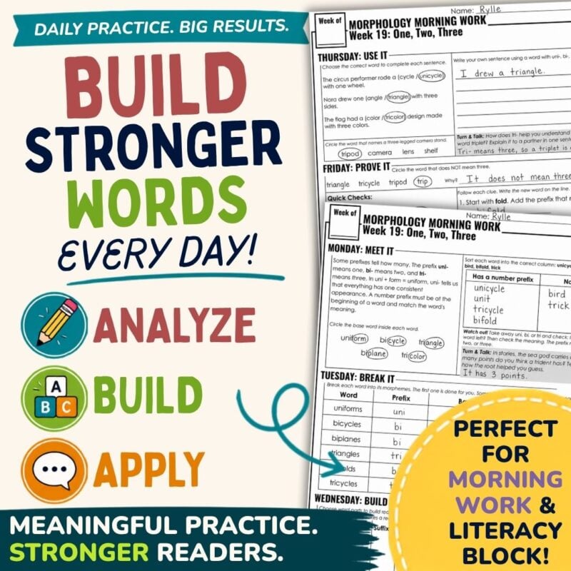 Morphology Morning Work 3 Colorful ad for Morphology Morning Work 3 featuring worksheets and the text: Build Stronger Words Every Day! Analyze, Build, Apply with Latin Roots, Prefixes, and Suffixes. Ideal for your Literacy Block & morning routines! Includes icons and motivational phrases.