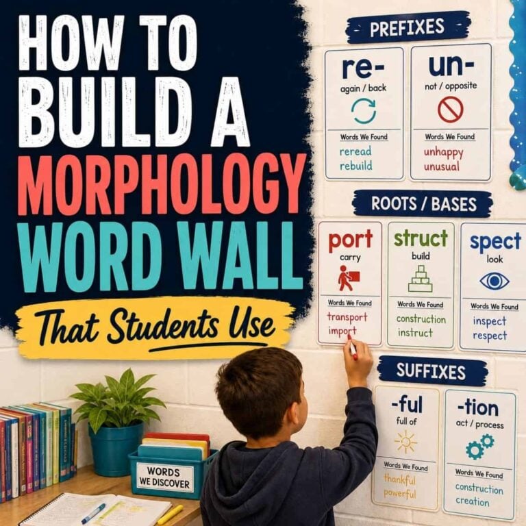 A student points to a ROOTS & BASES section on the Morphology Word Wall, which is colorful and also features clearly labeled PREFIXES and SUFFIXES sections displaying sample words and their meanings.