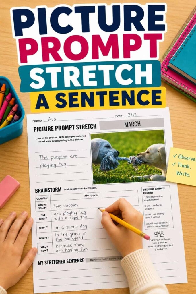 Picture Writing Prompts That Stretch Simple Sentences 1 A worksheet called Picture Prompt Stretch a Sentence PIN_1 lies on a desk with colored pens, a pencil, and sticky notes nearby. Designed to help students expand simple sentences, this sheet features a photo of two puppies playing tug-of-war with a rope outdoors—making it perfect for picture writing prompts.