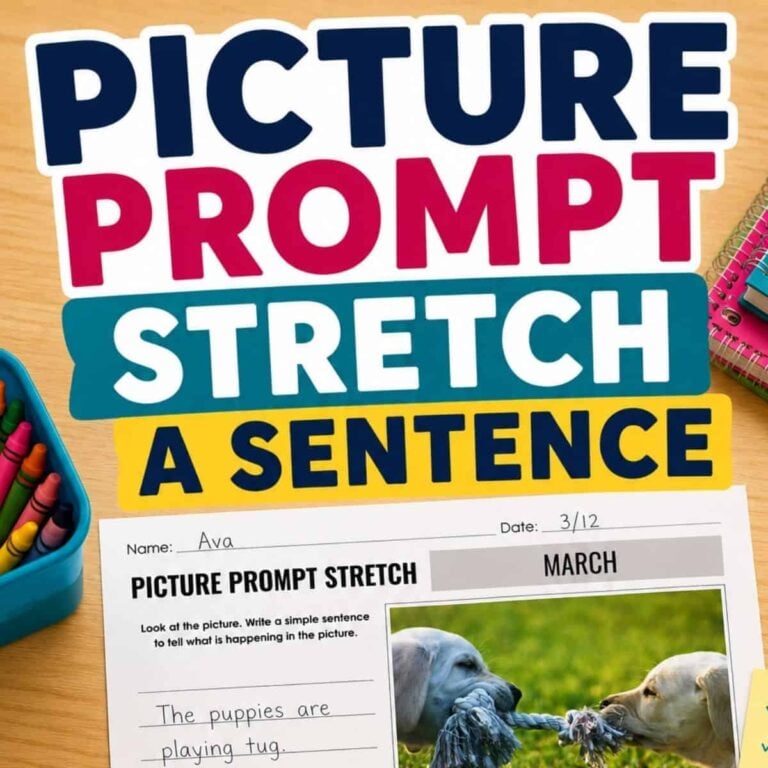 A worksheet titled Picture Prompt Stretch a Sentence_2 sits on a desk with crayons and pencils, featuring a photo of two puppies playing tug-of-war with a rope&mdash;perfect for encouraging students to stretch sentences using engaging picture writing prompts.