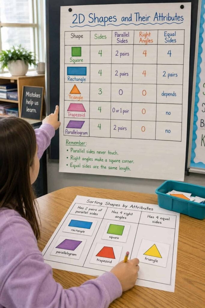 Shapes Anchor Chart: Teaching 2D and 3D Shapes 4 A student points to the “Shapes and their attributes” classroom anchor chart while a sorting worksheet on the desk displays 2D shapes such as squares, parallelograms, trapezoids, triangles, and rectangles.