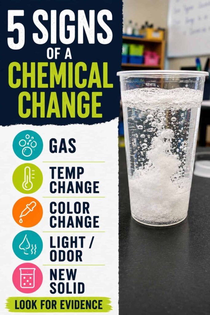 Infographic titled “Signs of a Chemical Change” features five key indicators—gas production, temperature change, color change, emission of light or odor, and formation of a new solid—used to tell apart physical and chemical changes. Beside the infographic, a clear cup containing a bubbling liquid rests on a table.