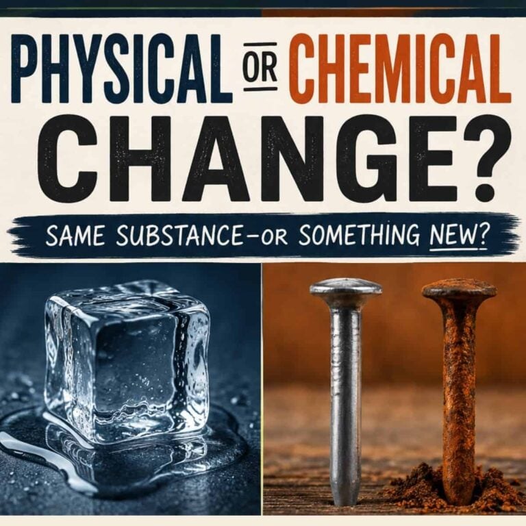 Top: Text Physical vs Chemical Changes—Is it the same substance or something new? Bottom: Melting ice cube; shiny nail next to a rusty nail.