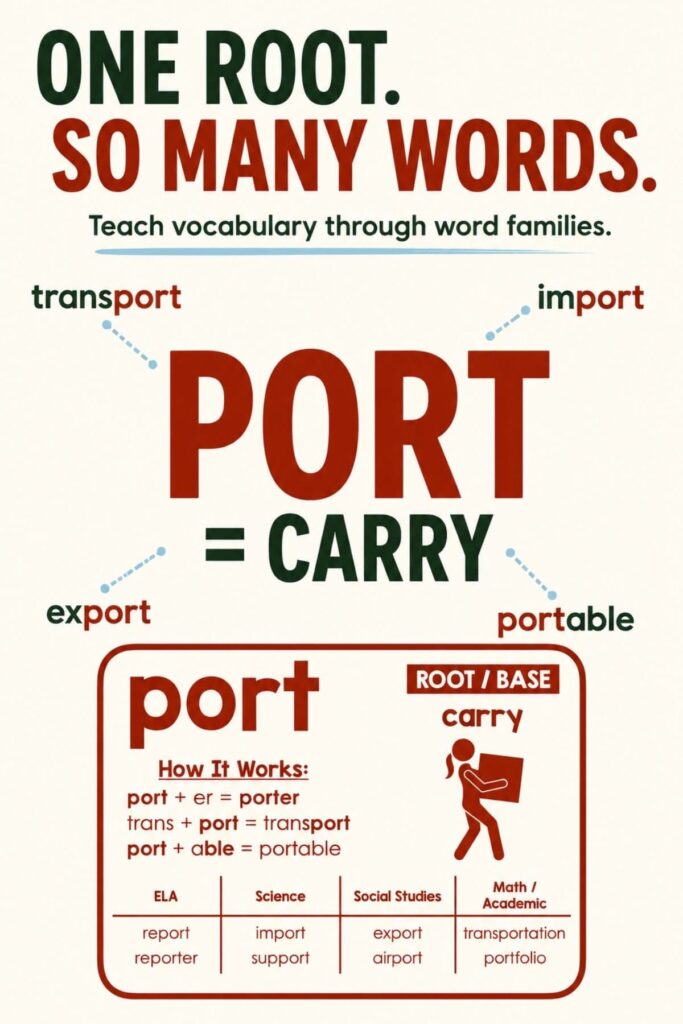 How to Build a Morphology Word Wall That Students Use 2 The “port root word” educational poster explains the meaning of the root “port” (to carry) and provides examples such as transport, import, export, and portable. It features detailed word breakdowns and highlights connections to ELA, science, and social studies—ideal for a morphology word wall.