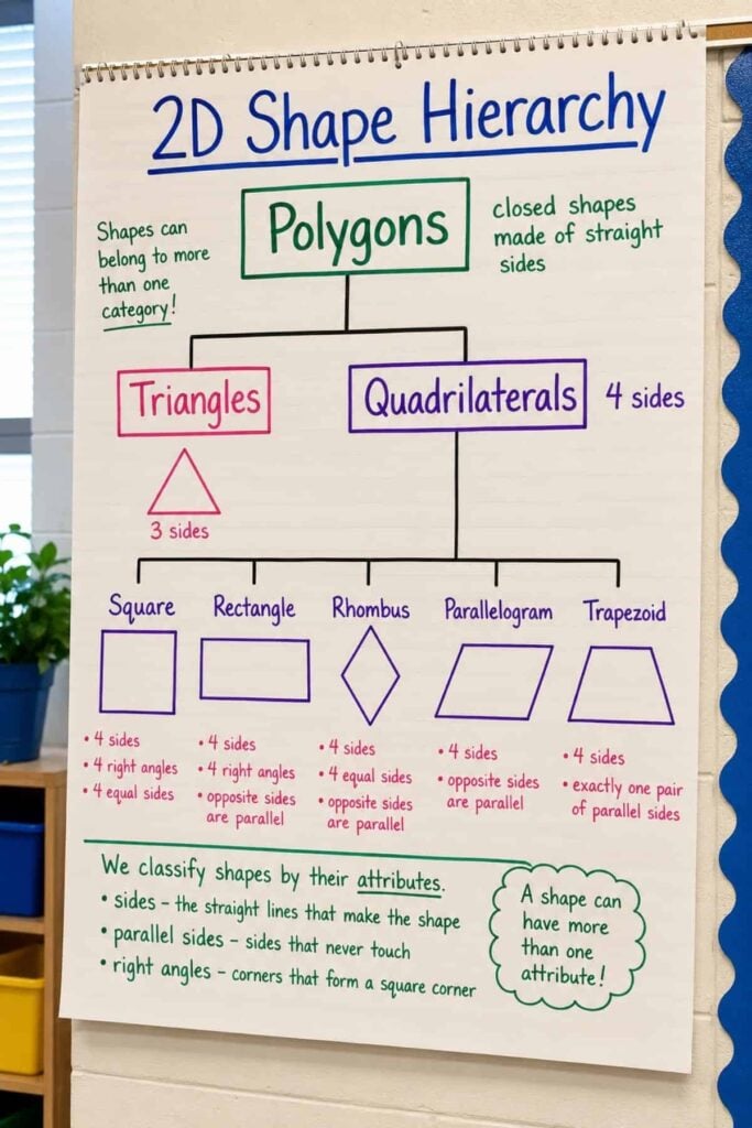 Shapes Anchor Chart: Teaching 2D and 3D Shapes 3 The shapes anchor chart is a classroom resource titled 2D Shape Hierarchy that visually organizes 2D shapes, such as polygons, into categories like triangles and quadrilaterals, while highlighting the attributes of squares, rectangles, rhombuses, parallelograms, and trapezoids.