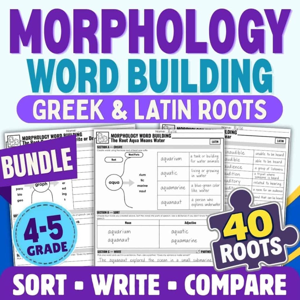 Morphology Worksheets That Build Words 4 Educational resource cover showing 1 for grades 4–5, includes 40 roots, morphology worksheets, and activities to sort, write, and compare. Bundle label and worksheet previews are also shown.