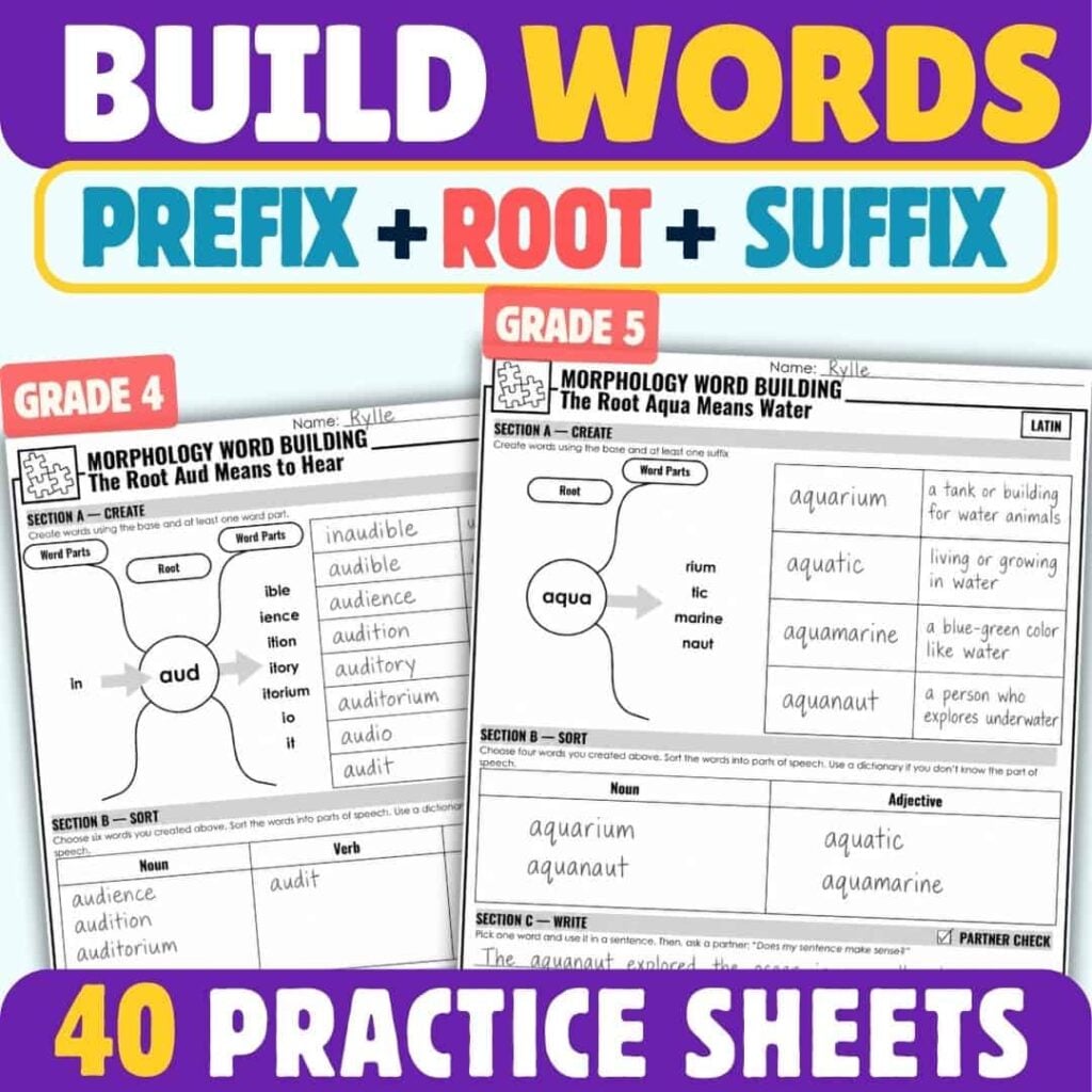 Morphology Worksheets That Build Words 6 Certainly! Here’s the revised sentence using the given product data: Product Name: 2, an educational worksheet cover featuring vibrant colors and the title “Build Words: Prefix + Root + Suffix.” Includes two sample morphology worksheets for grades 4 and 5, highlighting root words aud and aqua. The bottom text notes “40 Practice Sheets.”.