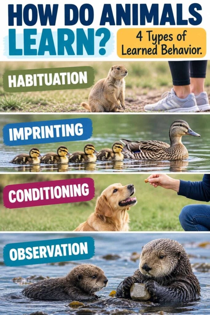 Learned Behaviors: Definition, Types, and Examples 2 The “4 types of learned behaviors” infographic showcases four categories of learned behaviors—habituation (prairie dog), imprinting (ducklings), conditioning (dog), and observation (otters)—each depicted with captivating animal photographs.