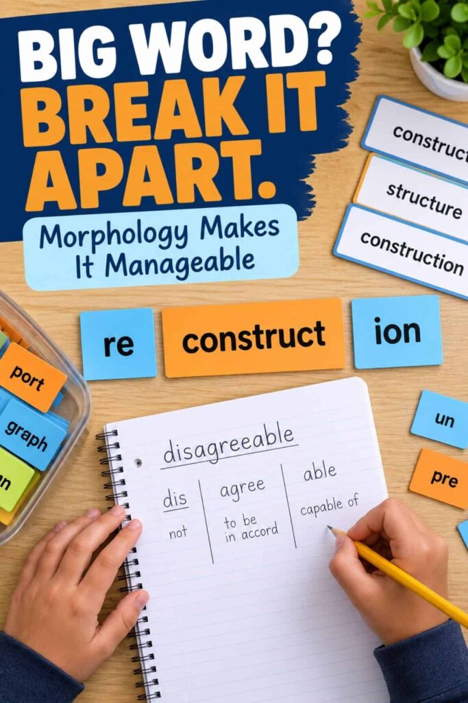 A student writes word parts in a notebook, surrounded by cards and notes showing how to break words into prefixes, roots, and suffixes. Text reads: Big word? Break it apart. Break Apart Big Words makes teaching morphology manageable—a strategy found in every Teacher’s Guide.