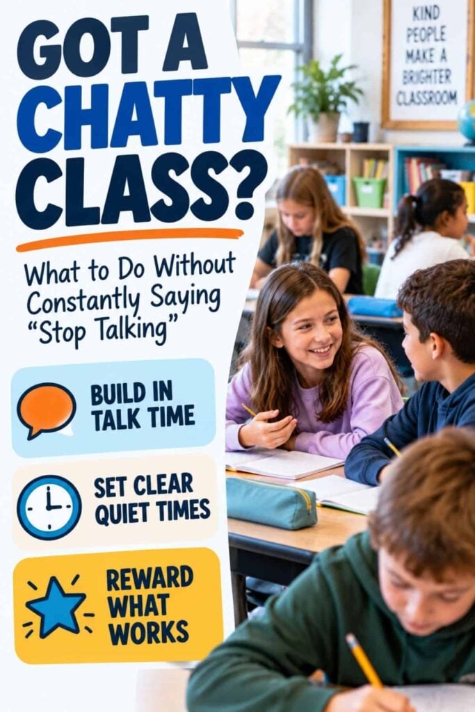 How to Manage a Chatty Class 1 Classroom of students talking and smiling; text overlay features tips from Chatty Class Strategies for managing a chatty class: build in talk time, set clear quiet times, and reward what works.