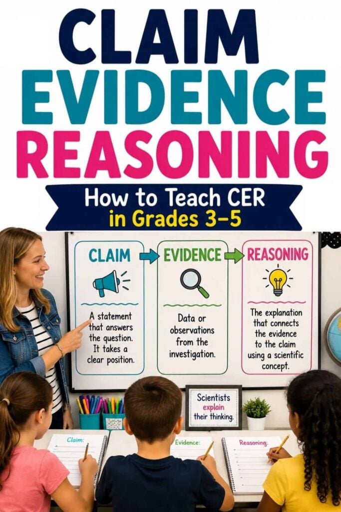 Claim, Evidence, Reasoning (CER) in Elementary Science 1 A teacher introduces the Claim Reasoning Evidence method to four elementary students in a classroom, using colorful posters and a whiteboard to help them connect real science concepts to their own chemistry experiments for kids.