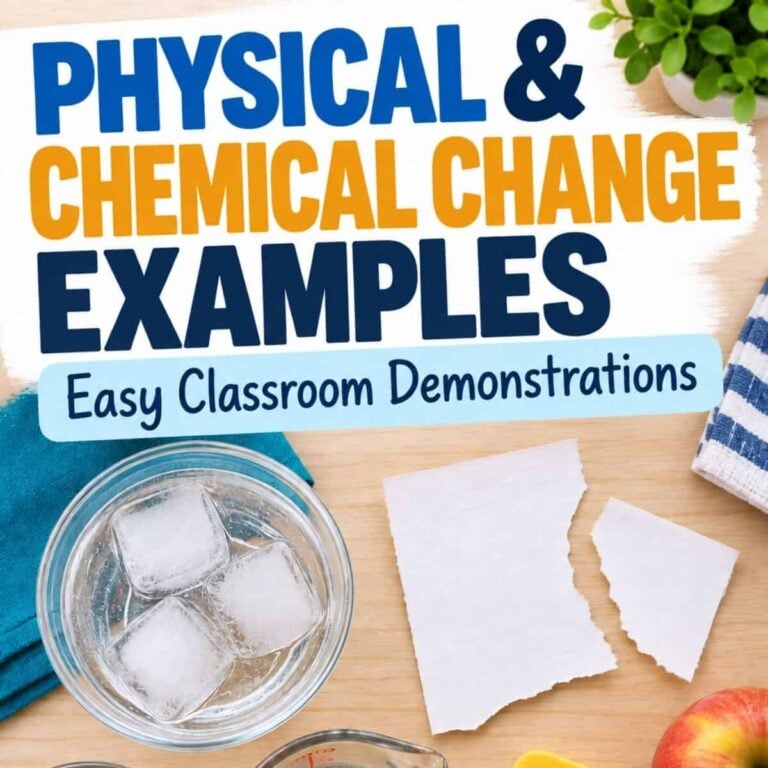 Top-down view of ice cubes in a glass, a torn paper, and fruit on a wooden table, with text: Examples of Physical & Chemical Changes—Easy Classroom Demonstrations. Ideal for exploring physical and chemical changes in the classroom setting.