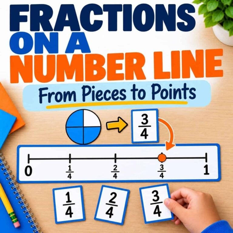 A hand places a 3/4 card on a number line, displaying fractions, a circle split into quarters, and the text: Fractions on a Number Line (2)—ideal for grade 3 students learning how fractions fit onto the number line.